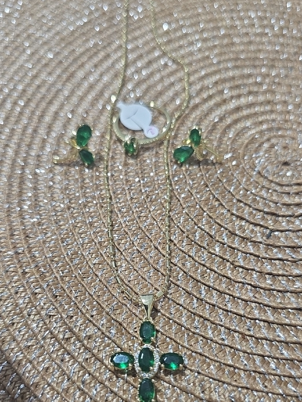 Emerald Green Cross Pendant Necklace and Earrings Set - Gold Tone